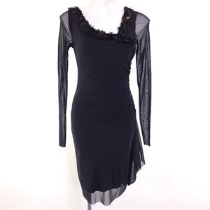 Elana Kattau Rosette Ruched Knit Sheer Sleeve Dress Black sz S NEW